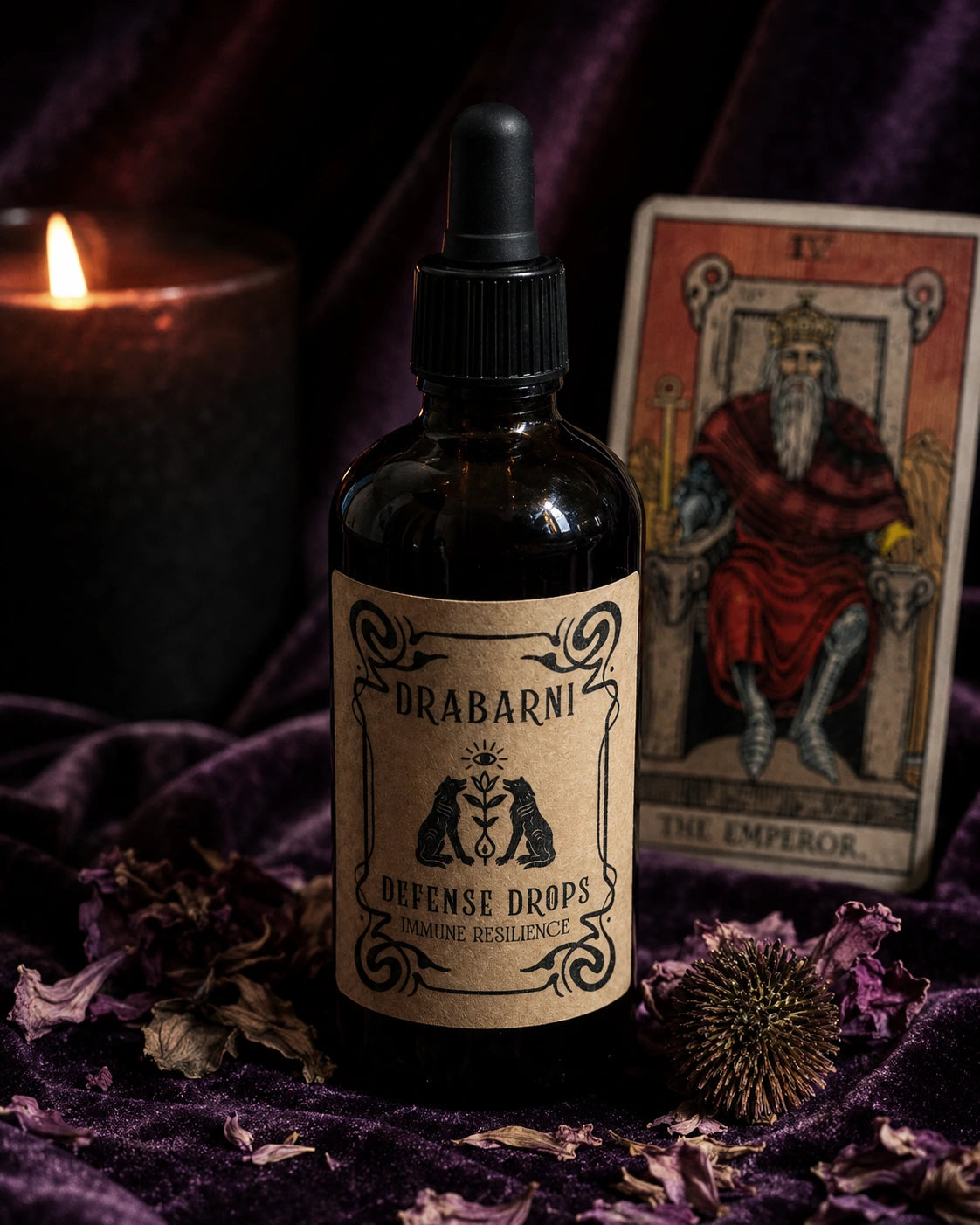 Defense Drops herbal immune support tincture on a mystical purple velvet ritual altar. The vintage kraft paper label details respiratory defense against sinus congestion, mucus, and sore throat. Infused with organic echinacea purpurea, wild Greek thyme, propolis, and elderberry flower.
