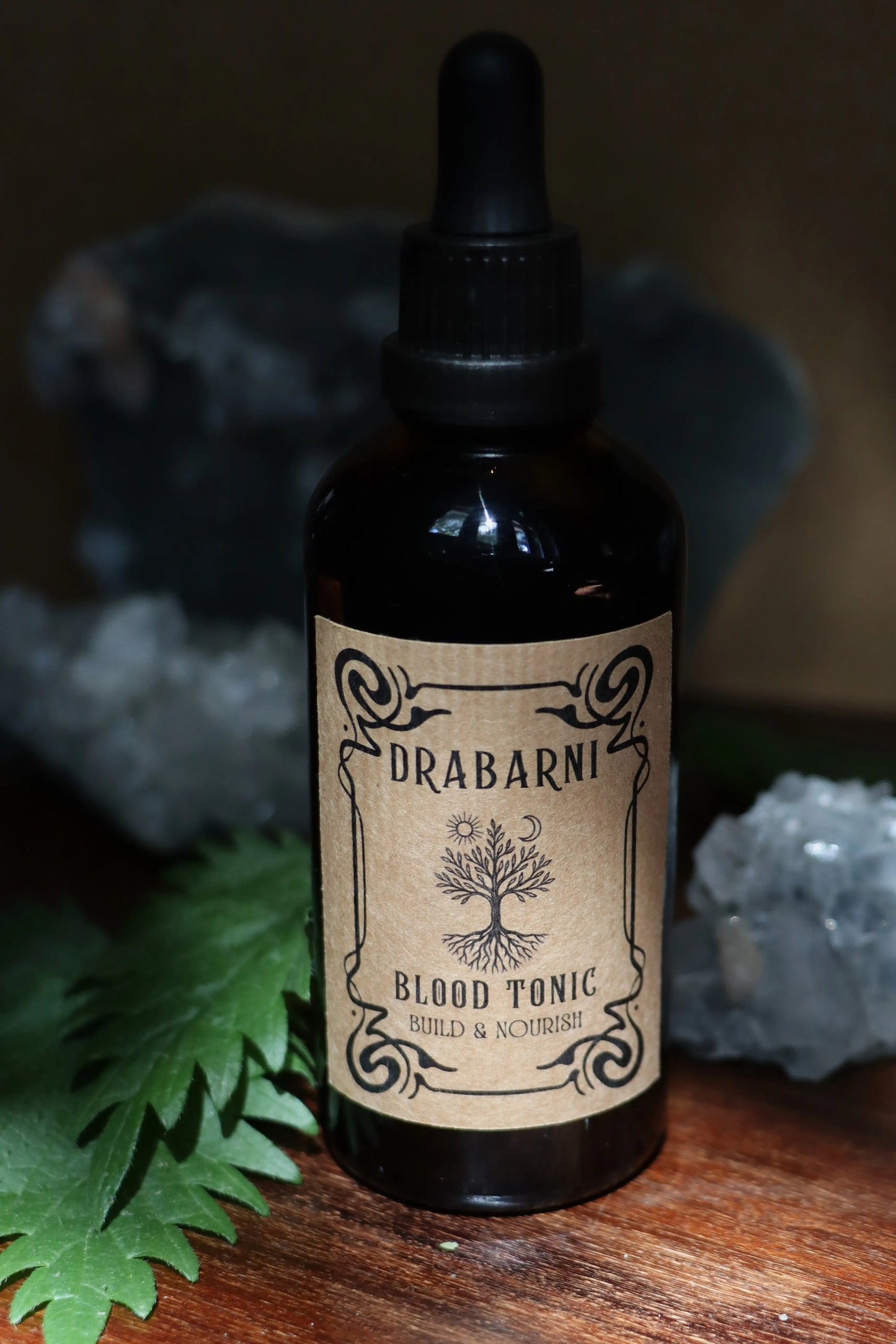 Blood Tonic herbal tincture by Drabarni Medicine ~ mineral-rich blend of Nettle, Rehmannia and Ashwagandha for blood building, iron support, postpartum recovery and fatigue in women.