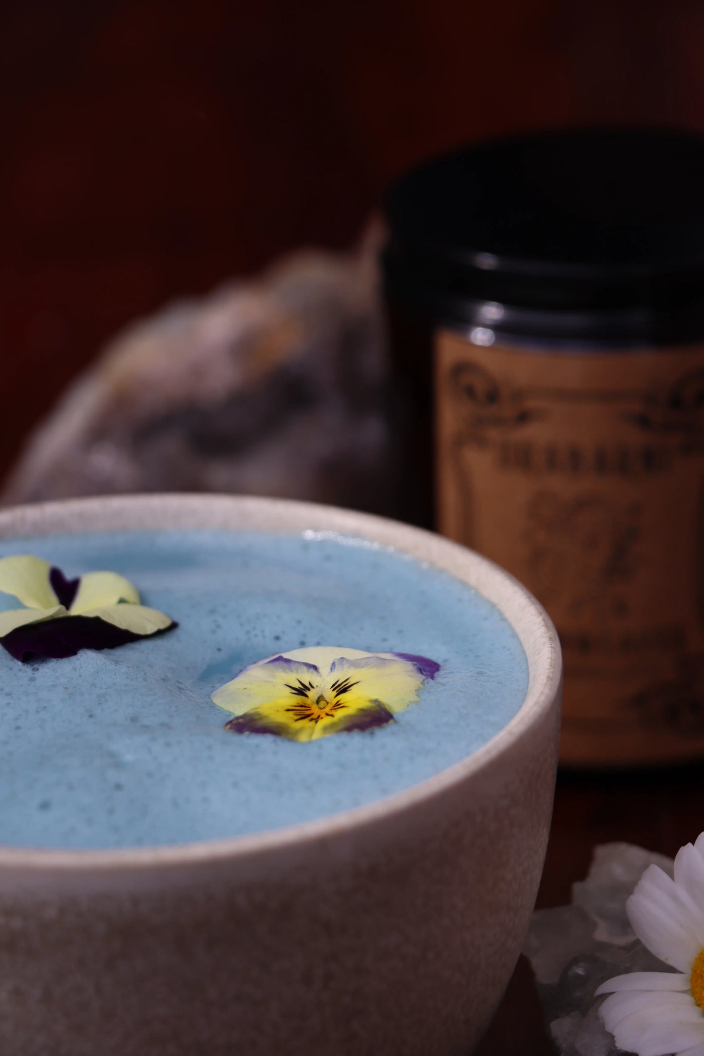 Soothing blue Butterfly Pea milk latte for night rituals and restorative sleep. Dreamweaver botanical moon medicine to support the nervous system, memory, and intuitive dreaming. A magical blue dream drink infused with Rose and Cardamom.