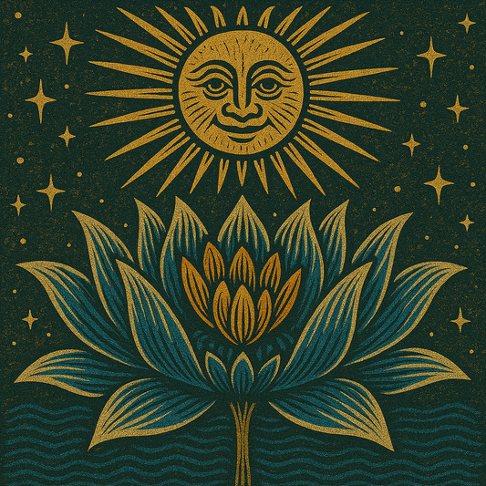 Alchemical woodcut illustration by Drabarni Medicine of Blue Lotus flower with sunlight above and flowing water below, symbolizing Neptunian vision and ancient plant spirit medicine