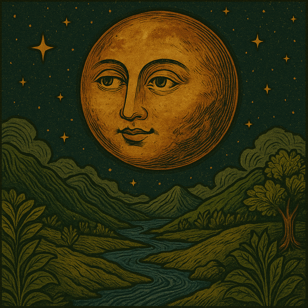 Woodcut illustration of Venus depicted as an anthropomorphic golden planet in the night sky, surrounded by stars, mountains, and flowing river ~ symbolic of Venus in astrology, beauty, and harmony.