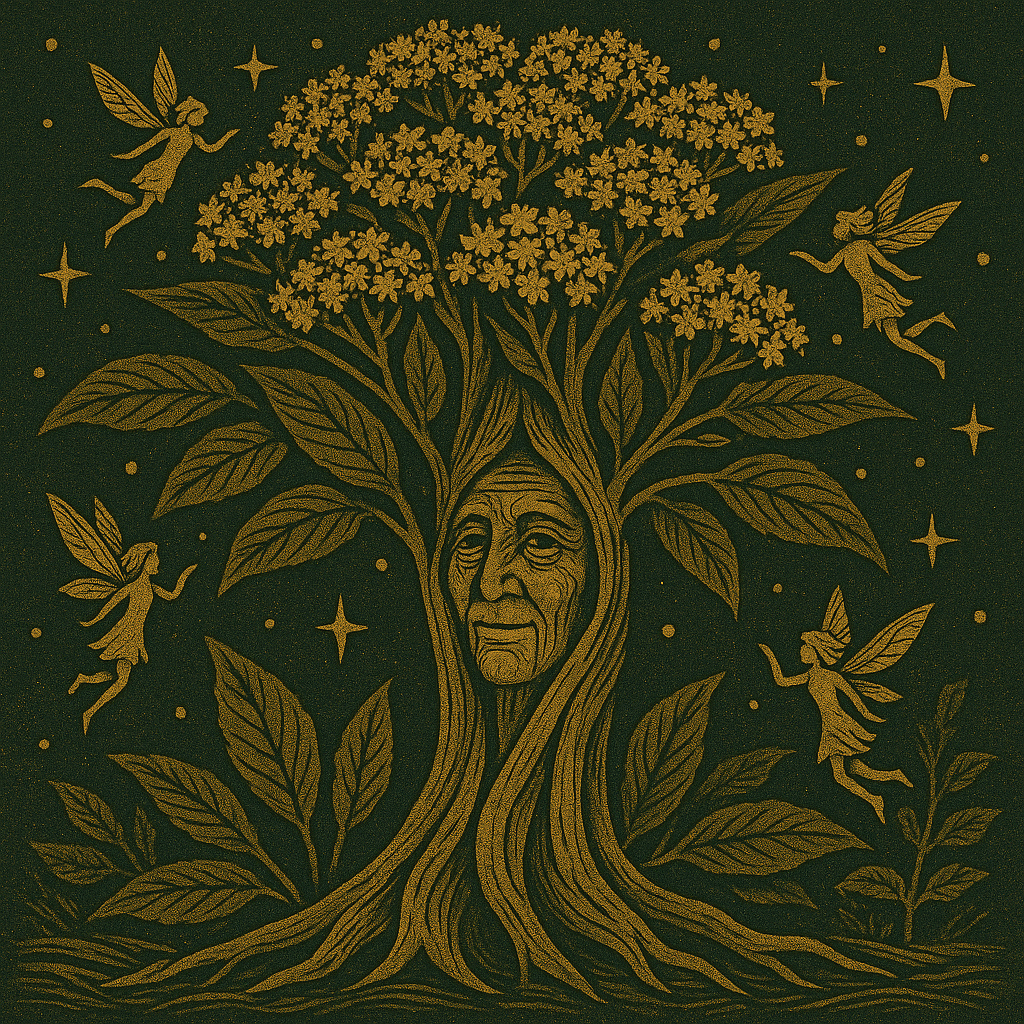 Alchemical woodcut illustration of the Elder Mother tree spirit with blooming elderflowers, fairies, and stars. Symbolic Venusian plant spirit medicine and threshold protection