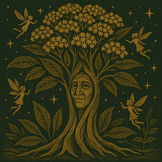 Alchemical woodcut illustration of the Elder Mother tree spirit with blooming elderflowers, fairies, and stars. Symbolic Venusian plant spirit medicine and threshold protection