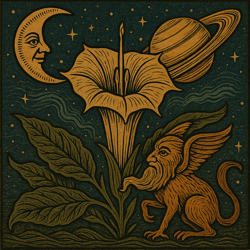 Alchemical woodcut illustration of Datura flower with Saturn, the crescent Moon, and a winged spirit guide. Symbolic astroherbalism artwork representing Datura’s connection to Saturn, Venus, and lunar energy