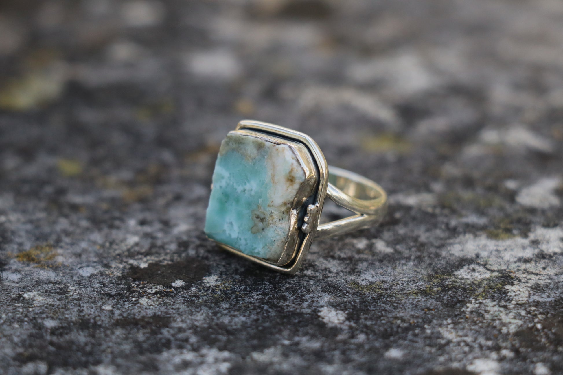 Close up of Chrysoprase Crystal Ring. Renewal Stone promoting forgiveness and self-worth.