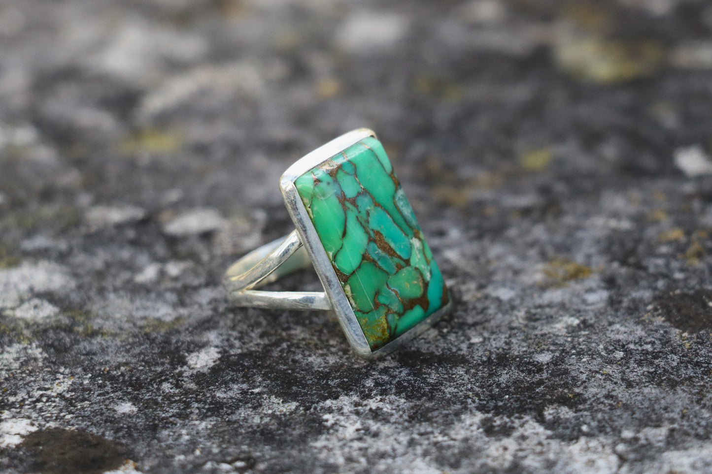 Statement Ring with Green Copper Turquoise Earth Alchemy crystal and 925 Silver band.