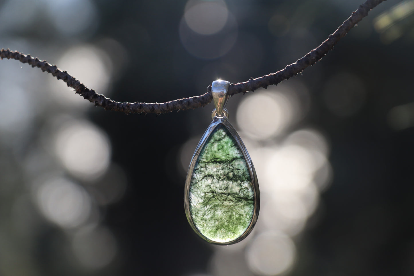 Handcrafted Silver Pendant with Moss Agate. Witchy jewelry for heart chakra healing.