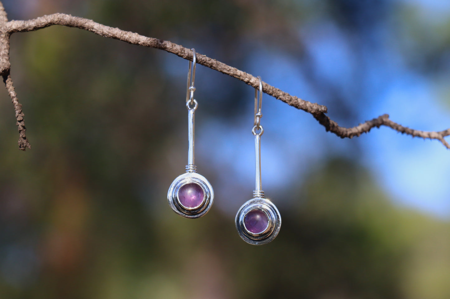 Handcrafted Silver Earrings with Violet Amethyst for Spiritual Growth and Calm Mind.