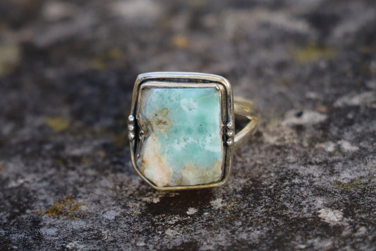 Handcrafted Silver Ring with Raw Chrysoprase supporting emotional balance and calmness.