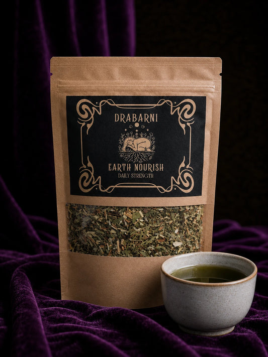 Nourishing herbal tea with nettle, oatstraw and alfalfa in loose leaf form, green earthy botanical texture.