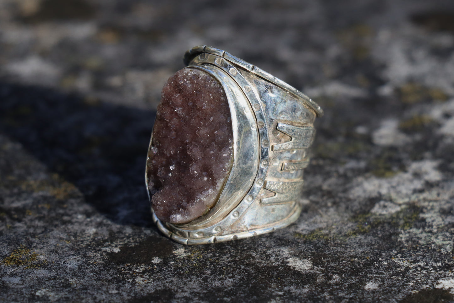 Side profile of handcrafted Purple Druzy Quartz ring with oxidized sterling silver band and artisan metalwork detailing.