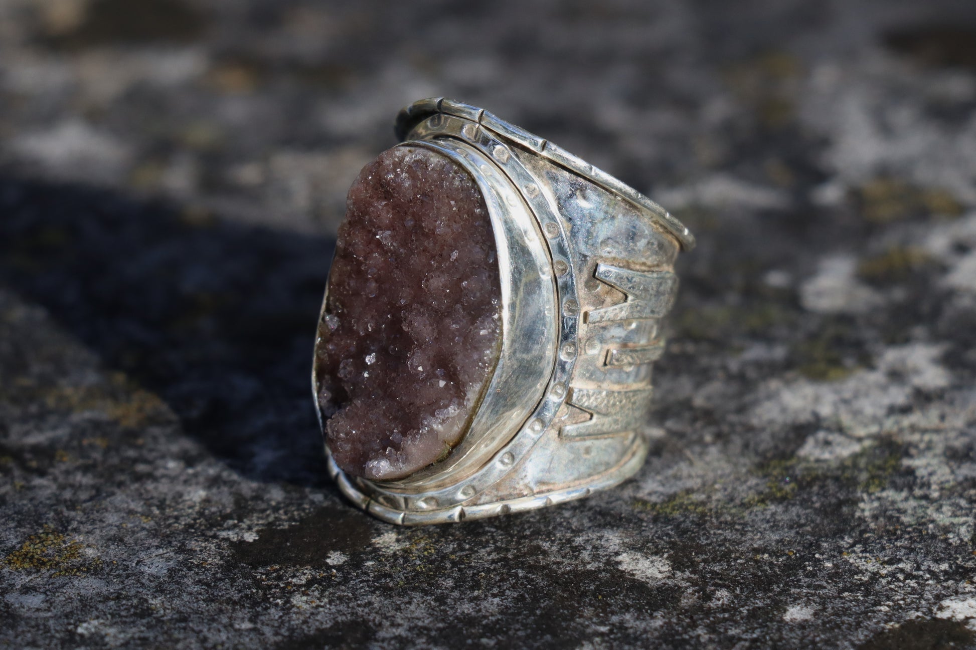 Side profile of handcrafted Purple Druzy Quartz ring with oxidized sterling silver band and artisan metalwork detailing.