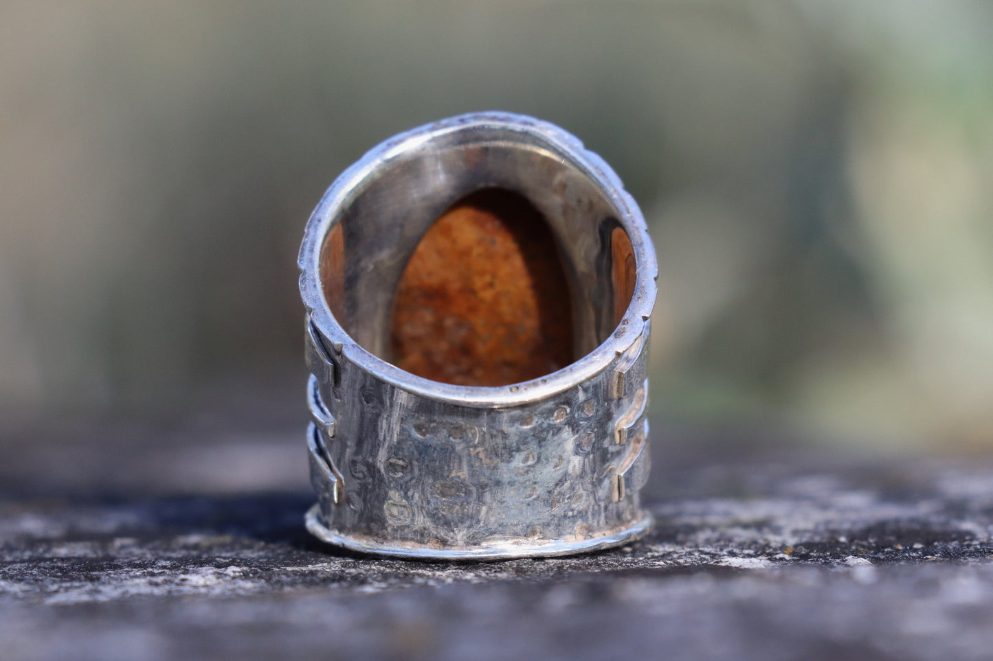 Back view of wide sterling silver Purple Druzy ring, showcasing textured handmade band and natural druzy quartz setting.