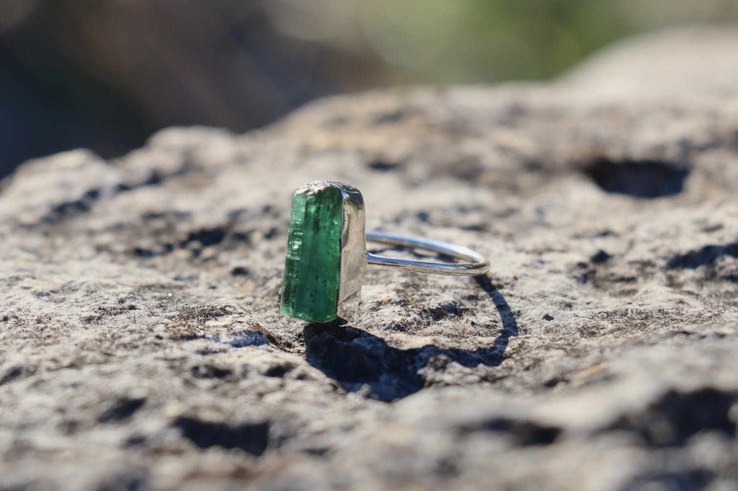 Raw Green Tourmaline Ring in 925 Sterling Silver. Venus Mercury crystal for Heart Alignment.