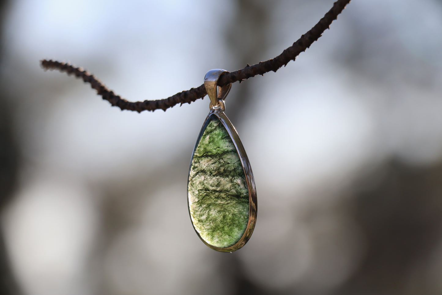 Side view of Green Moss Agate Jewelry. Earth Memory stone for Gentle Growth and renewal.