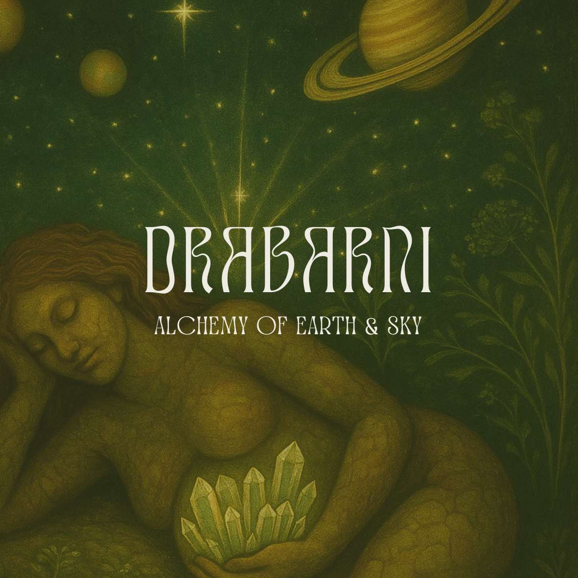 Celestial illustration from Drabarni Medicine showing the connection between earth, plants, planets, and human healing.