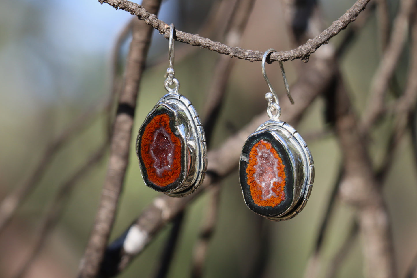 Sterling silver Tabasco Geode earrings hanging among branching twigs, emphasizing their earthy volcanic origins and sparkling quartz interior. A Saturn–Pluto gemstone offering stability, courage, and deep inner process work.