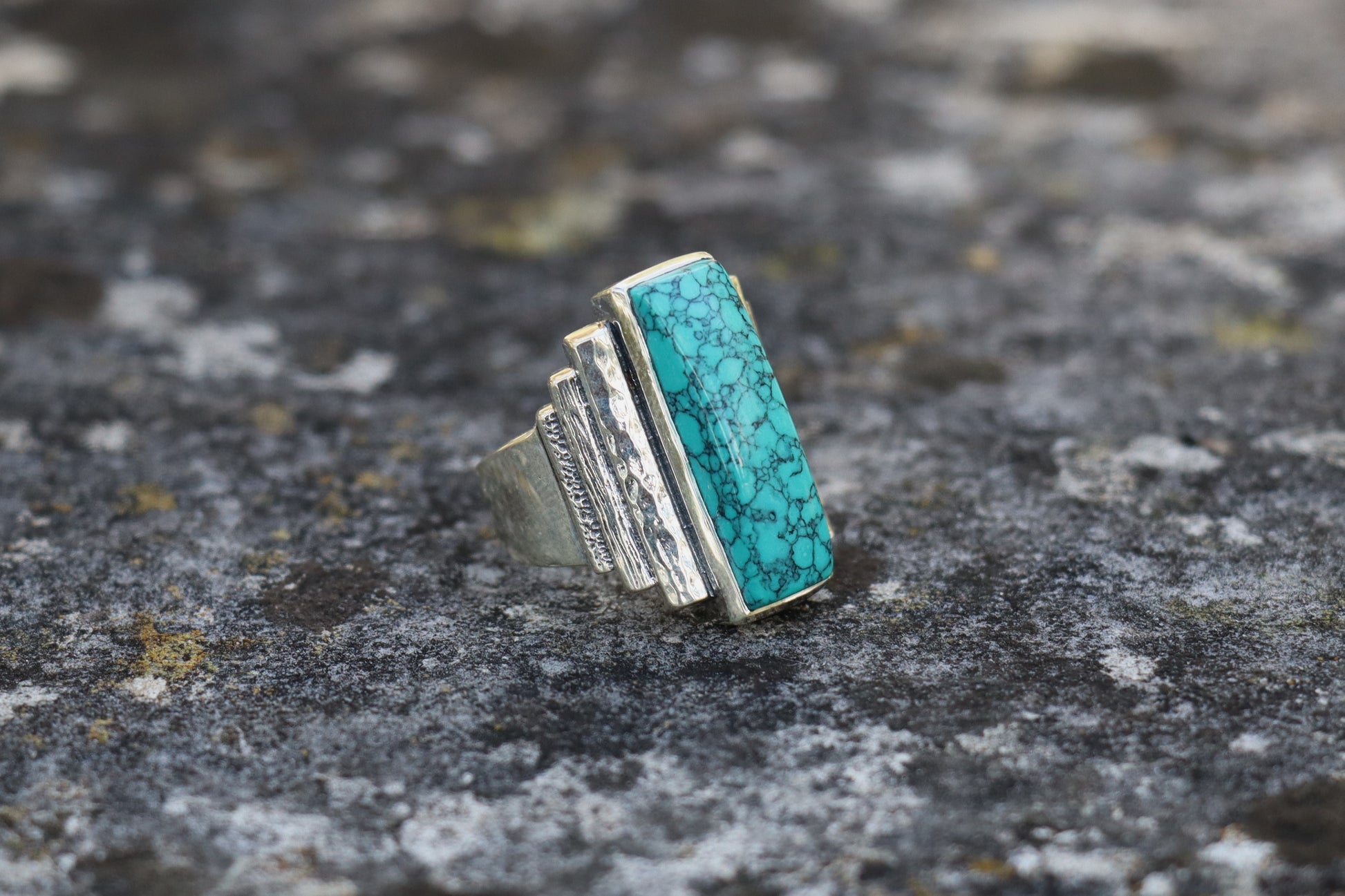 Left side view of the 925 Sterling Silver Turquoise Ring, showcasing the unique artisanal craftsmanship. Guides emotional clarity and spiritual growth.