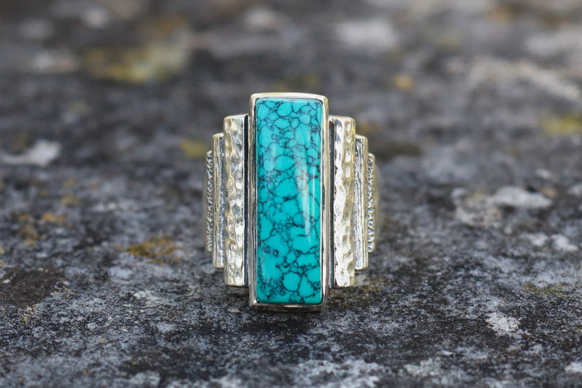 Turquoise Statement Ring in 925 Sterling Silver. Handcrafted geometric design aligned with Venus and Jupiter for inner truth and throat chakra support.