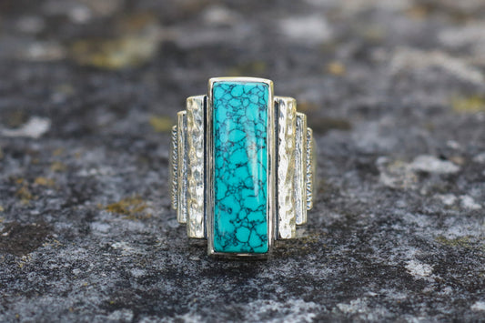 Turquoise Statement Ring in 925 Sterling Silver. Handcrafted geometric design aligned with Venus and Jupiter for inner truth and throat chakra support.