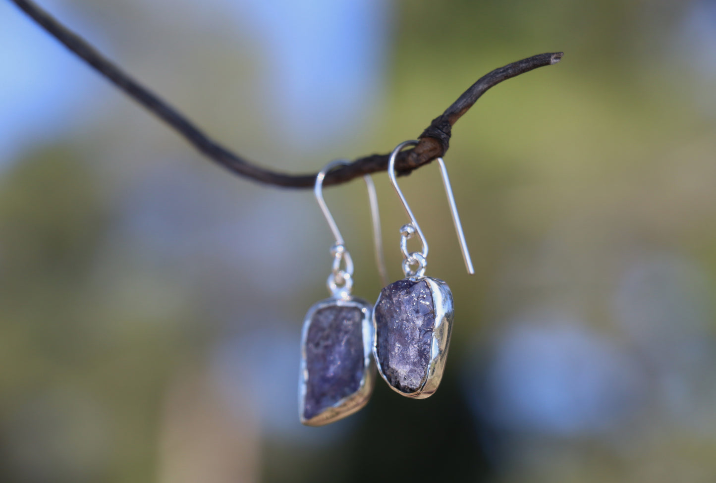 Raw purple amethyst earrings with silver hooks, natural gemstone jewelry for intuition and clarity
