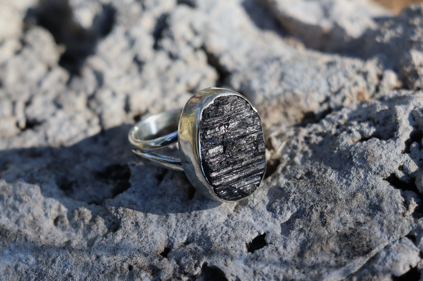 Raw Black Tourmaline Ring in 925 Sterling Silver for Energetic Protection and Root Chakra grounding.