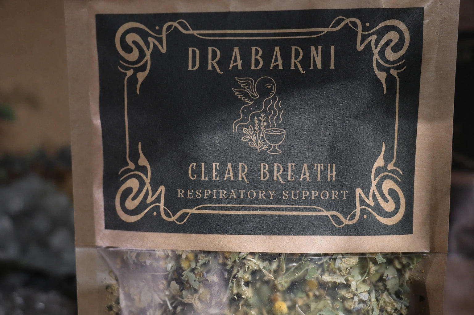 Clear Breath respiratory support herbal tea blend with tulsi, elderflower, Mediterranean thyme, lemongrass, mandarin peel, mullein, and plantain.