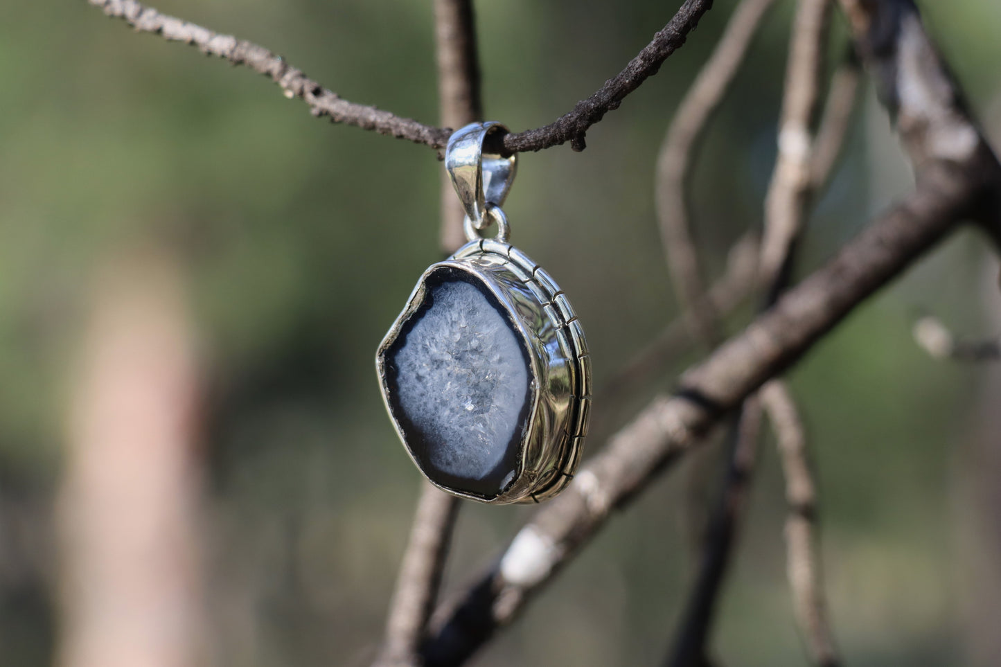 Raw coconut geode pendant with druzy quartz interior, photographed on a cord among tree branches for natural jewelry styling.