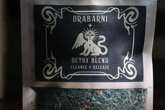 Detox Drops herbal detox tea by Drabarni Medicine — small batch loose leaf blend with dandelion, cleavers, burdock root and nettle for lymphatic drainage and liver and kidney support