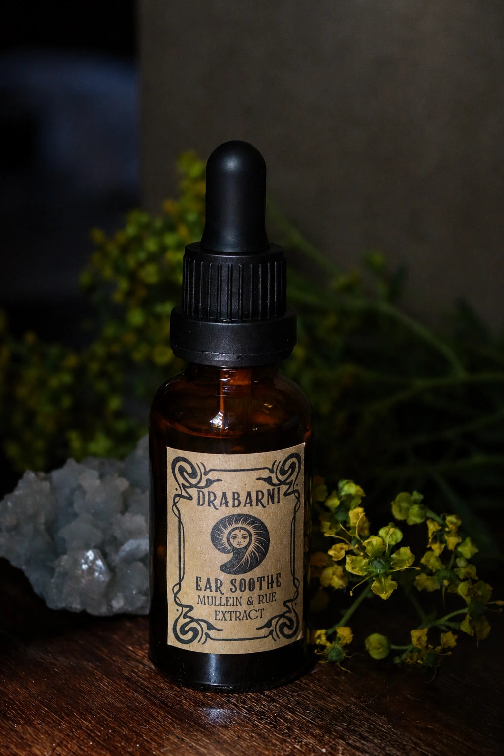 Ear Sooth herbal ear oil drops by Drabarni Medicine ~ hand-crafted with Mullein, Rue, Lavender and Calendula for earache relief, ear inflammation and natural ear care.