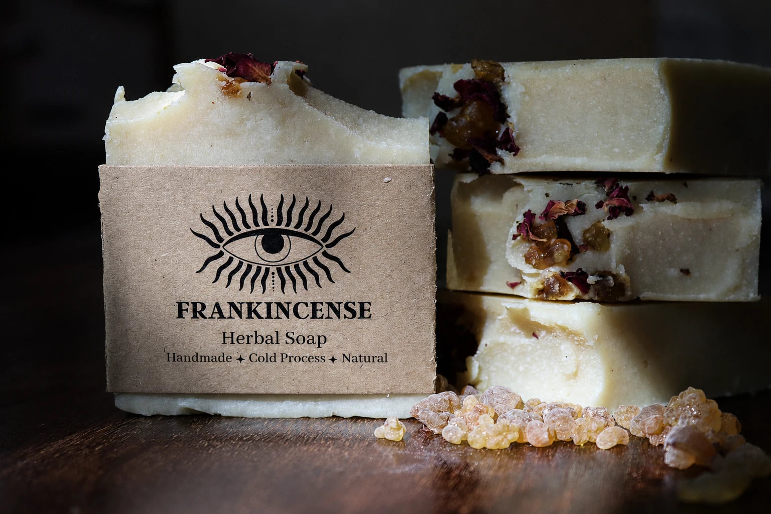 Handcrafted frankincense and oat luxury cold process soap bar with real frankincense resin, small batch sacred resin soap with shea butter and plant oils, made by Drabarni Medicine