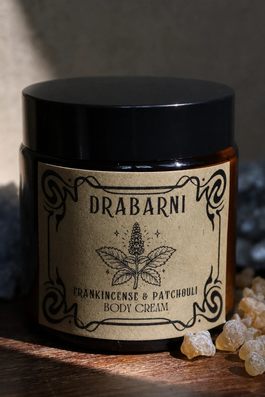 Frankincense and Patchouli body cream by Drabarni Medicine ~ hand-crafted botanical body cream with Frankincense essential oil and Patchouli for deep moisturizing, skin regeneration and emotional grounding.