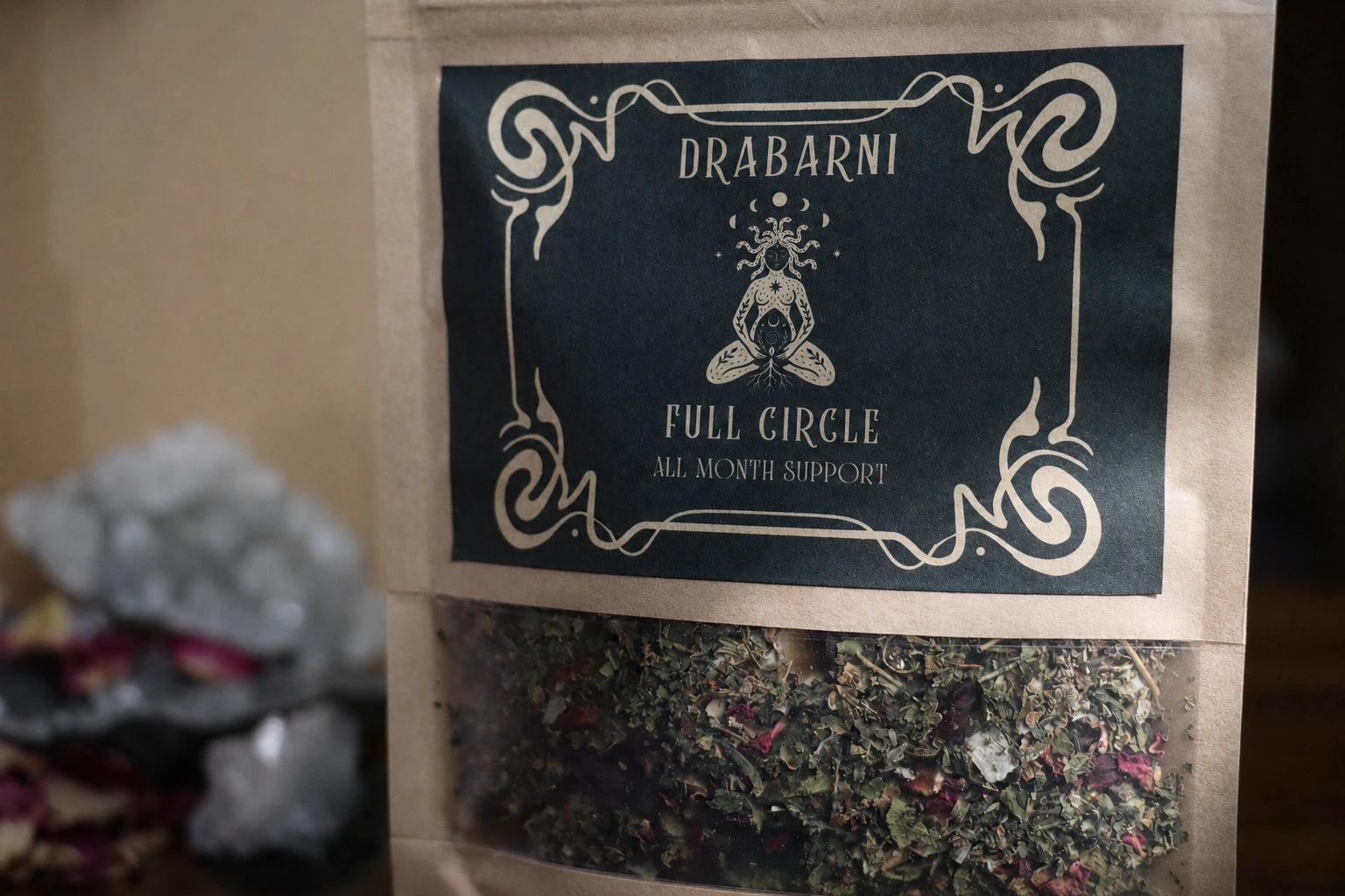 Full Circle women's herbal cycle support tea by Drabarni Medicine — small batch loose leaf blend with raspberry leaf, nettle, red clover, rose petals and hibiscus for daily womb nourishment and hormonal balance