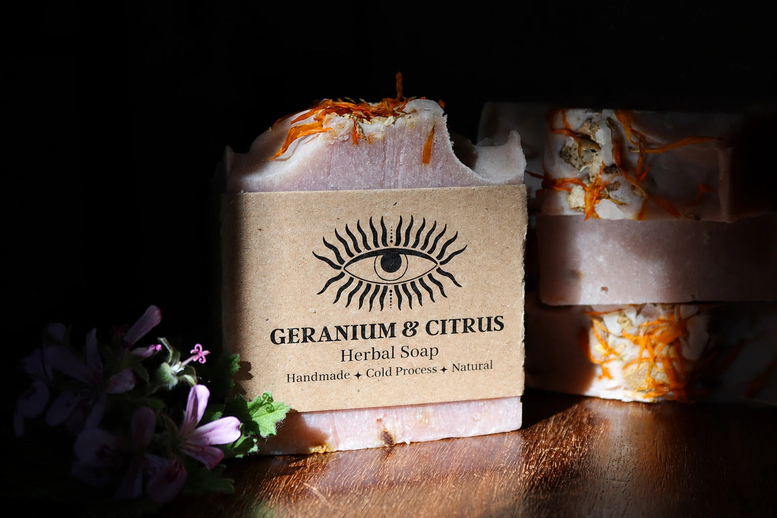 Handcrafted geranium and citrus cold process soap bar, small batch floral herbal soap with shea butter and plant oils, made by Drabarni Medicine