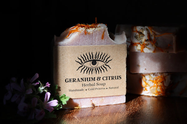 Handcrafted geranium and citrus cold process soap bar, small batch floral herbal soap with shea butter and plant oils, made by Drabarni Medicine