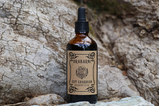Drabarni Gut Guardian herbal tincture with Tulsi, Fennel, and Ginger for Nervous Stomach Support and physical and emotional digestion relief.