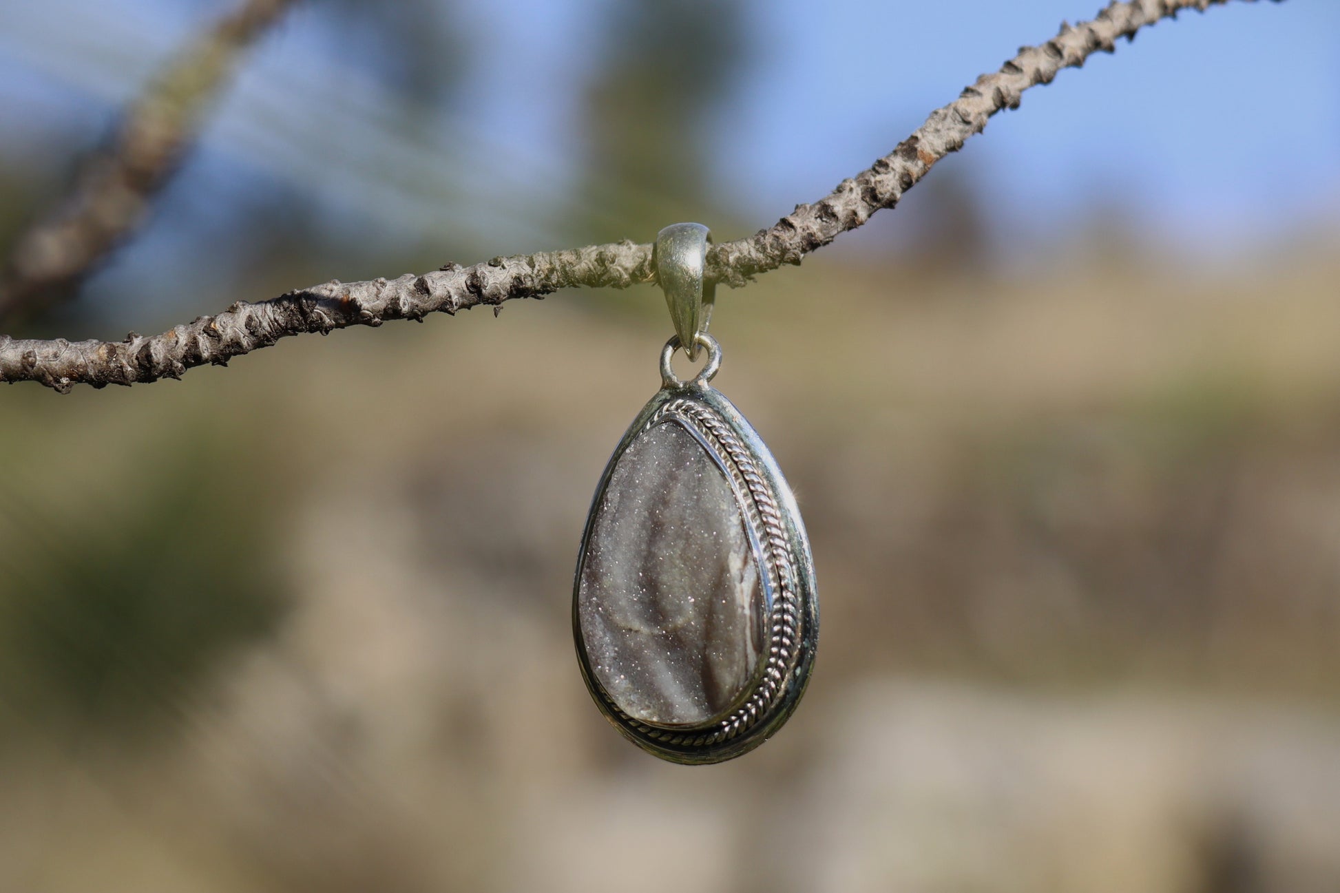 Handcrafted Silver Pendant with Desert Druzy. Witchy jewelry for self-love rituals.