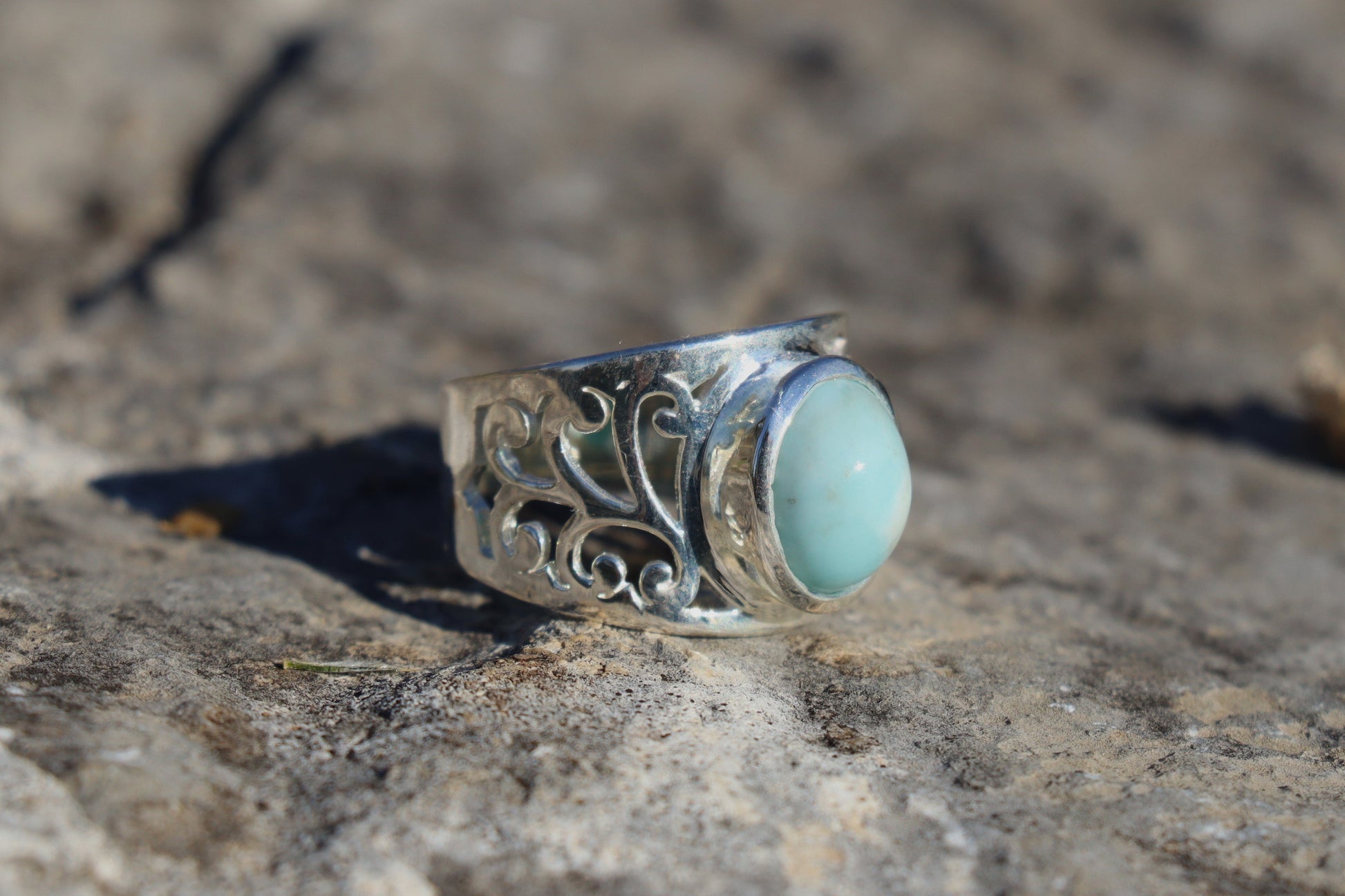 Handcrafted Silver Ring with Larimar. Witchy jewelry for intuition and grace.