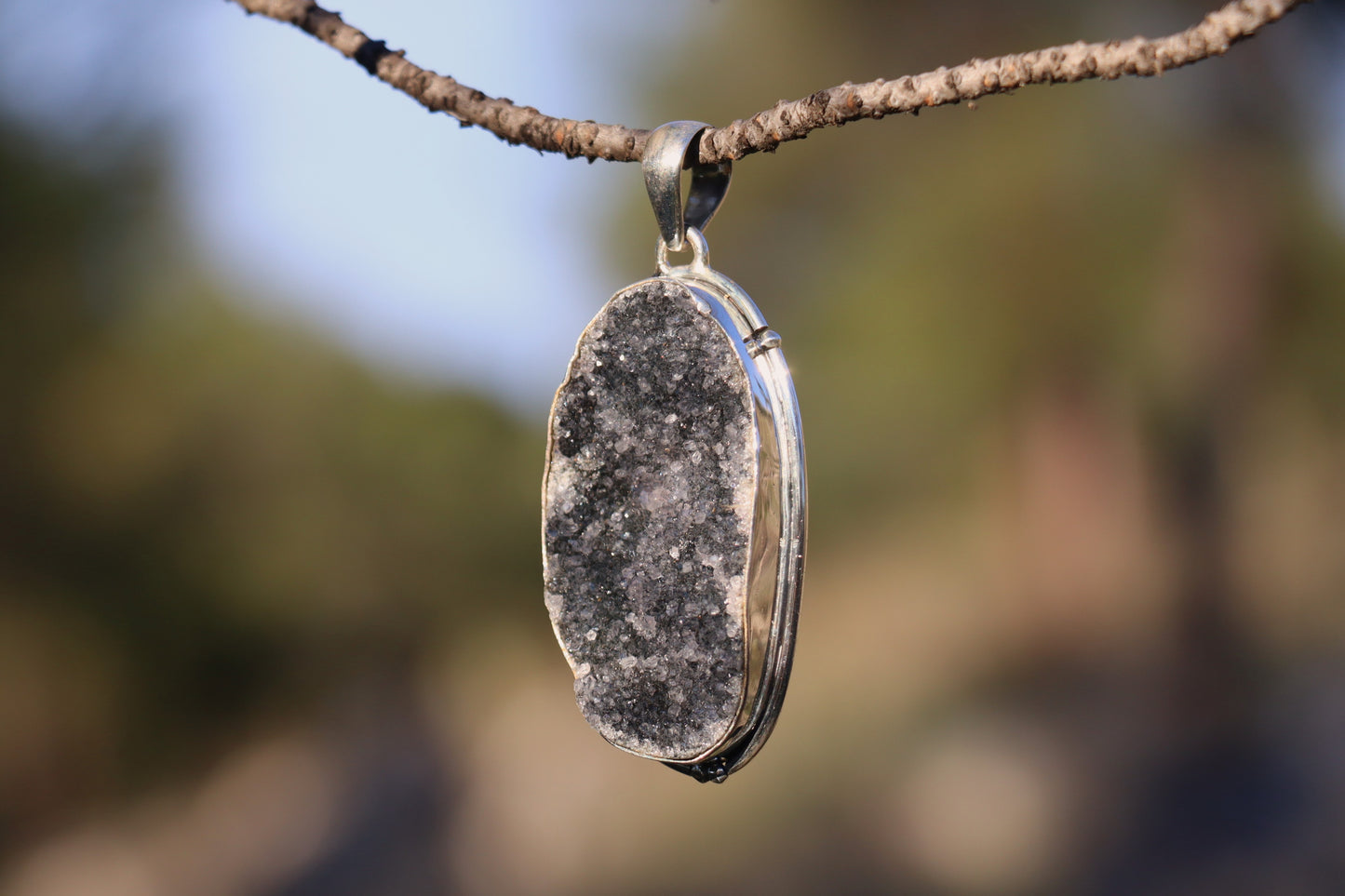 Handcrafted Silver Pendant with Violet Druzy. Witchy jewelry for spiritual insight.