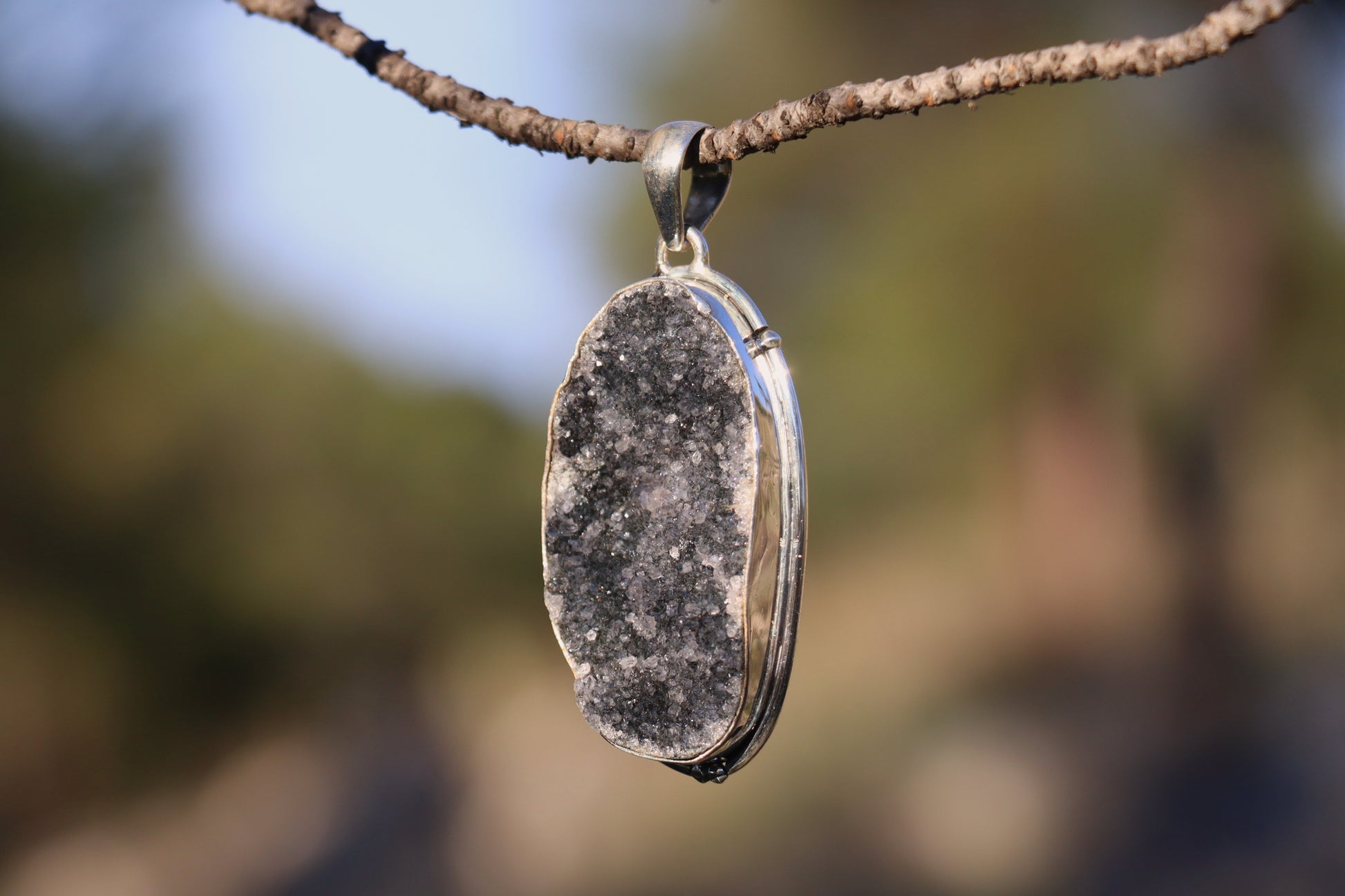 Handcrafted Silver Pendant with Violet Druzy. Witchy jewelry for spiritual insight.