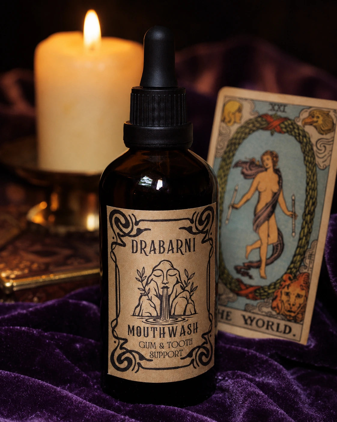 Drabarni organic herbal mouthwash tincture for gum disease, bleeding gums, and inflammation. An ancient Mediterranean Myrrh resin and Mastic oil mouth wash rinse to soothe mouth ulcers, tonsillitis, and bad breath. Handcrafted by a green witch apothecary for natural oral care, periodontitis defense, and holistic teeth hygiene on a purple velvet altar.