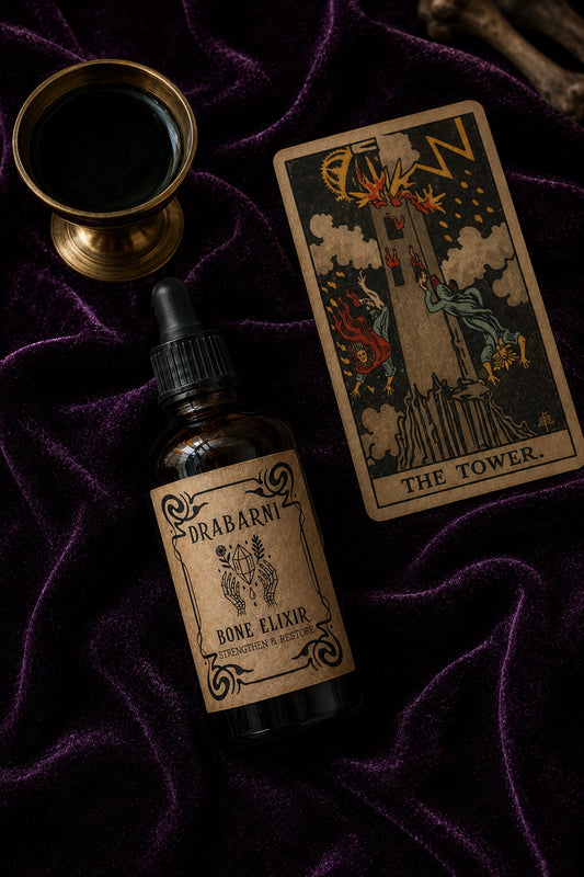Amber glass dropper bottle of Drabarni Medicine Bone Elixir herbal tincture, an artisan mineral supplement formulated with organic horsetail, nettle leaf, and purified shilajit mumio resin. The bottle is placed on an earthy surface, showcasing the apothecary style label. This botanical remedy provides structural support for bone density, joint health, connective tissue repair, hair growth, and strong nails.