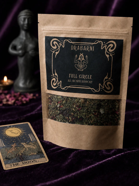 Full Circle herbal tea blend for women ~ hand-blended with raspberry leaf, nettle, red clover, hibiscus and rose for cycle support, womb nourishment, hormonal balance and menstrual health. Made by a clinical herbalist.