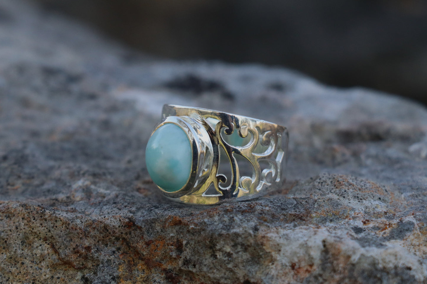 Larimar Ring in 925 Sterling Silver. Moon Neptune crystal for Inner Truth.