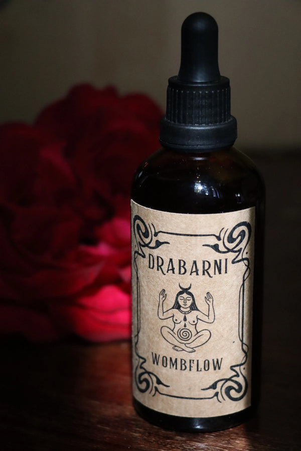 Moon Elixir natural period cramp relief herbal tincture by Drabarni Medicine — handcrafted small batch formula with Black Cohosh and Cramp Bark for menstrual pain, uterine tension and stagnation