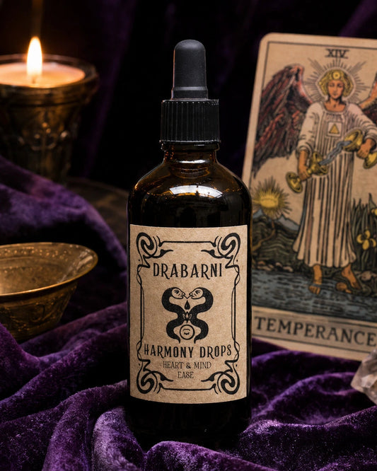 Drabarni organic Harmony Drops tincture for anxiety relief, panic attacks, and severe stress. A potent Valerian root and Passionflower liquid extract to quiet overthinking, ease insomnia, and calm an overloaded nervous system. Handcrafted by a green witch apothecary for natural sleep support, nervous tension, and fast-acting burnout defense on a purple velvet altar.