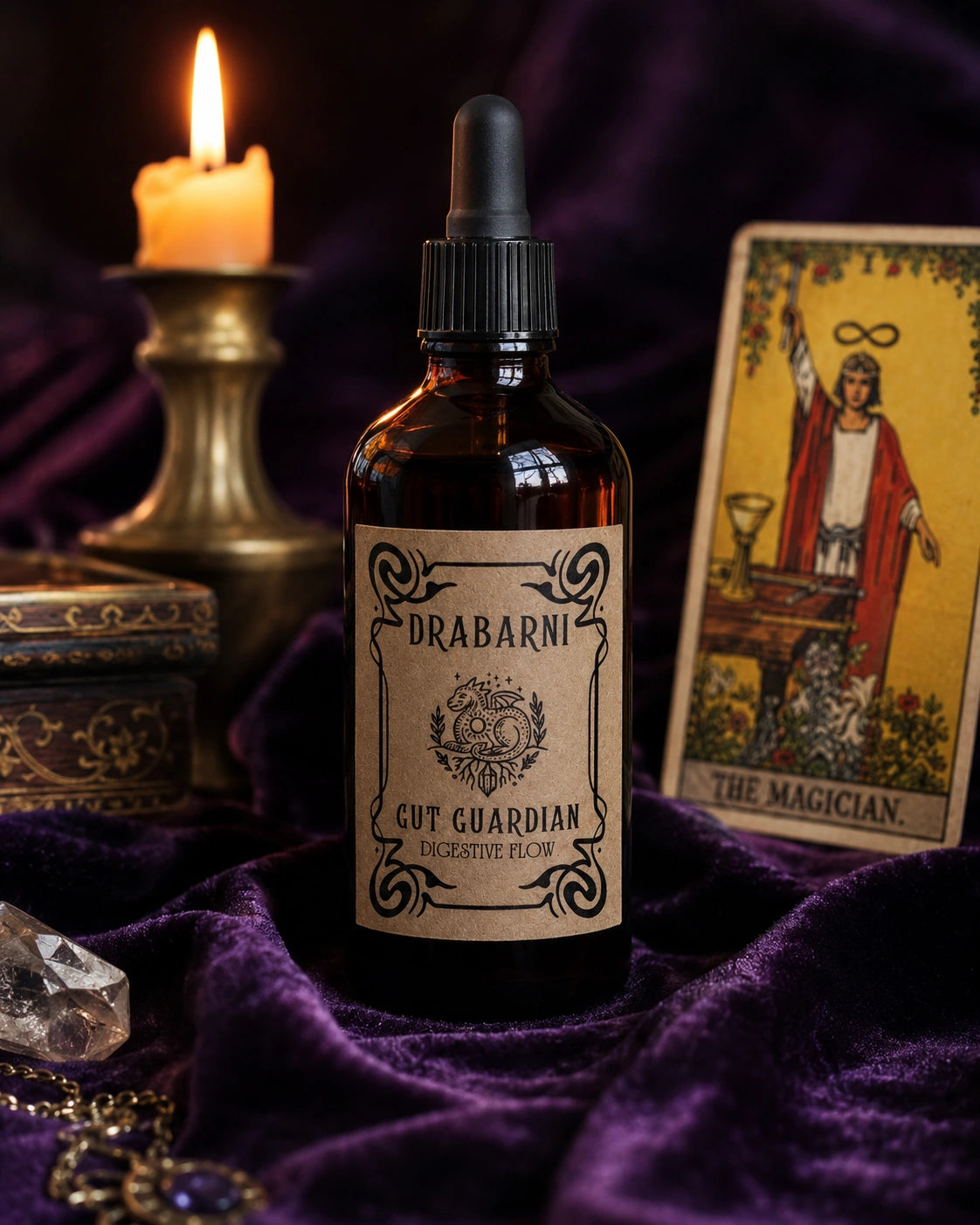 Drabarni organic Gut Guardian tincture for nervous stomach, bloating relief, and IBS. A potent herbal blend for the gut-brain axis to ease trapped gas, stomach cramping, and emotional stress. Handcrafted with planetary timing by a green witch apothecary for natural digestive support on a purple velvet altar.