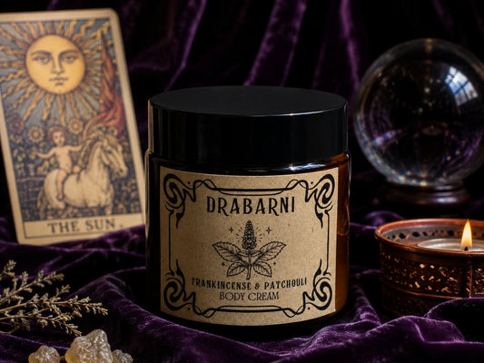 Drabarni Medicine natural body cream with frankincense and patchouli — anti-inflammatory botanical formula with calendula-infused sweet almond oil for sensitive, mature and depleted skin