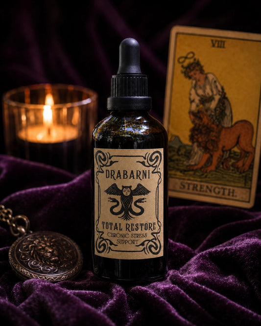 Drabarni Medicine Total Restore — small-batch herbal tincture with ashwagandha, milky oats, skullcap and passionflower for burnout recovery, nervous exhaustion and chronic stress