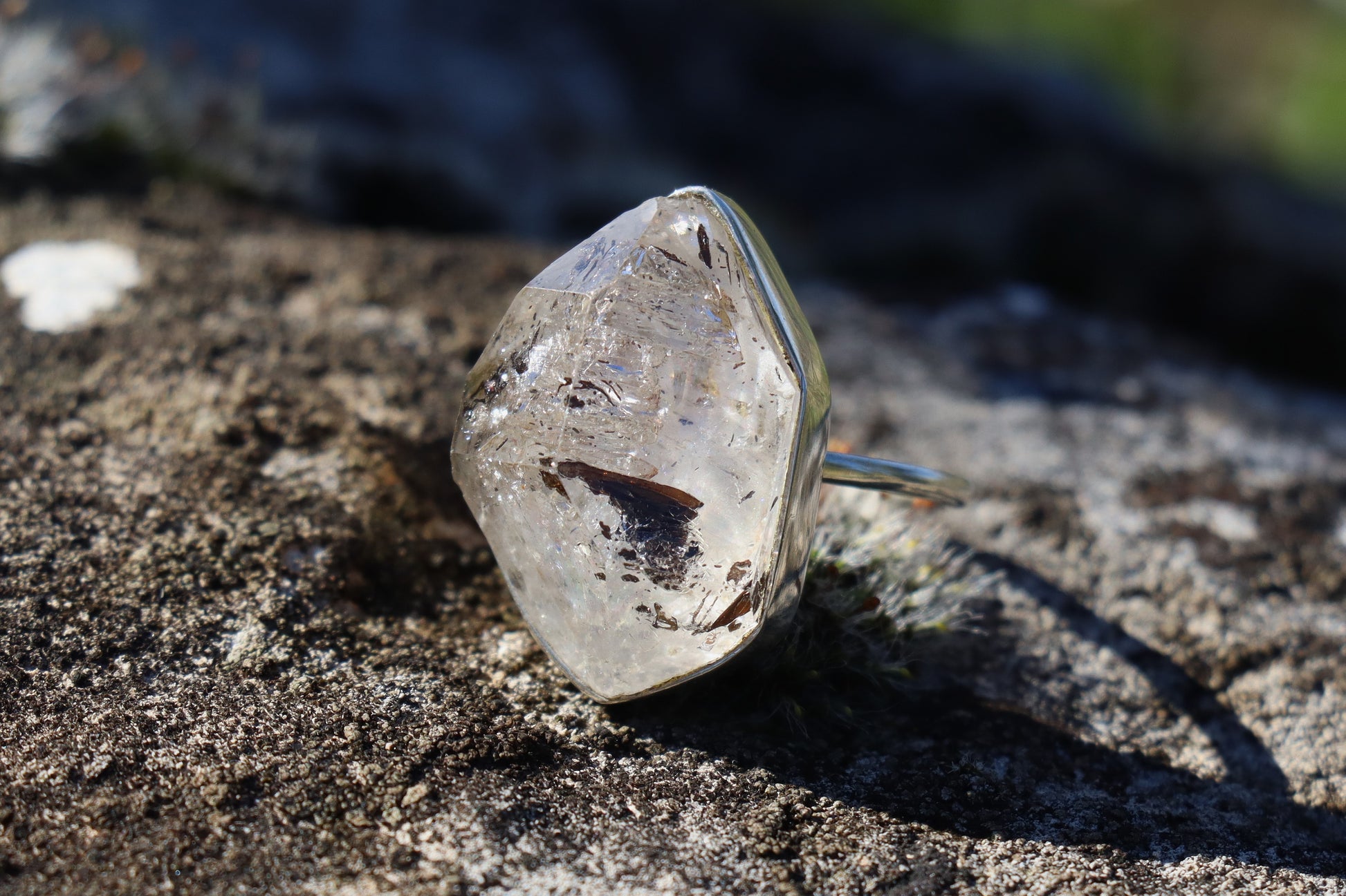 Grounding crystal ring ~ black rutilated quartz on forest floor. artisian ring